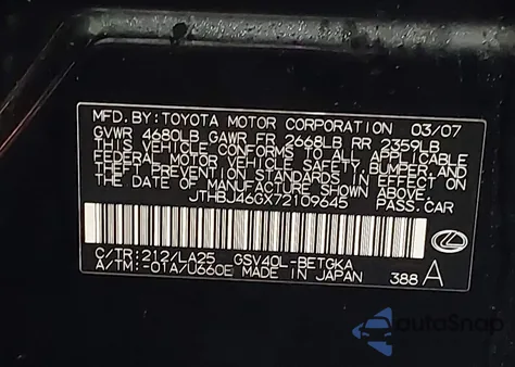 2007 Lexus Es 350 z USA, uszkodzony, nr VIN JTHBJ46GX72109645